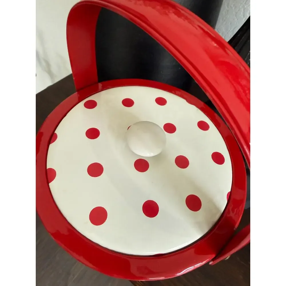 Vintage Red White Polka Dot Ice Bucket Retro Vinyl Barware Mid Century Style